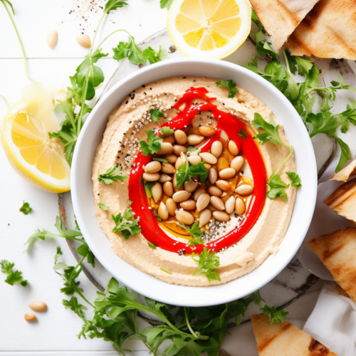 Roasted Red Pepper and Almond Hummus with Whole Grain Pita_001