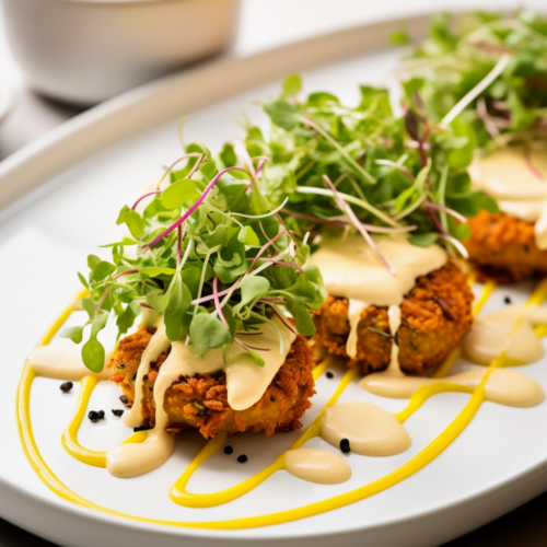 Saffron Risotto Cakes with Lemon Aioli and Microgreens_001