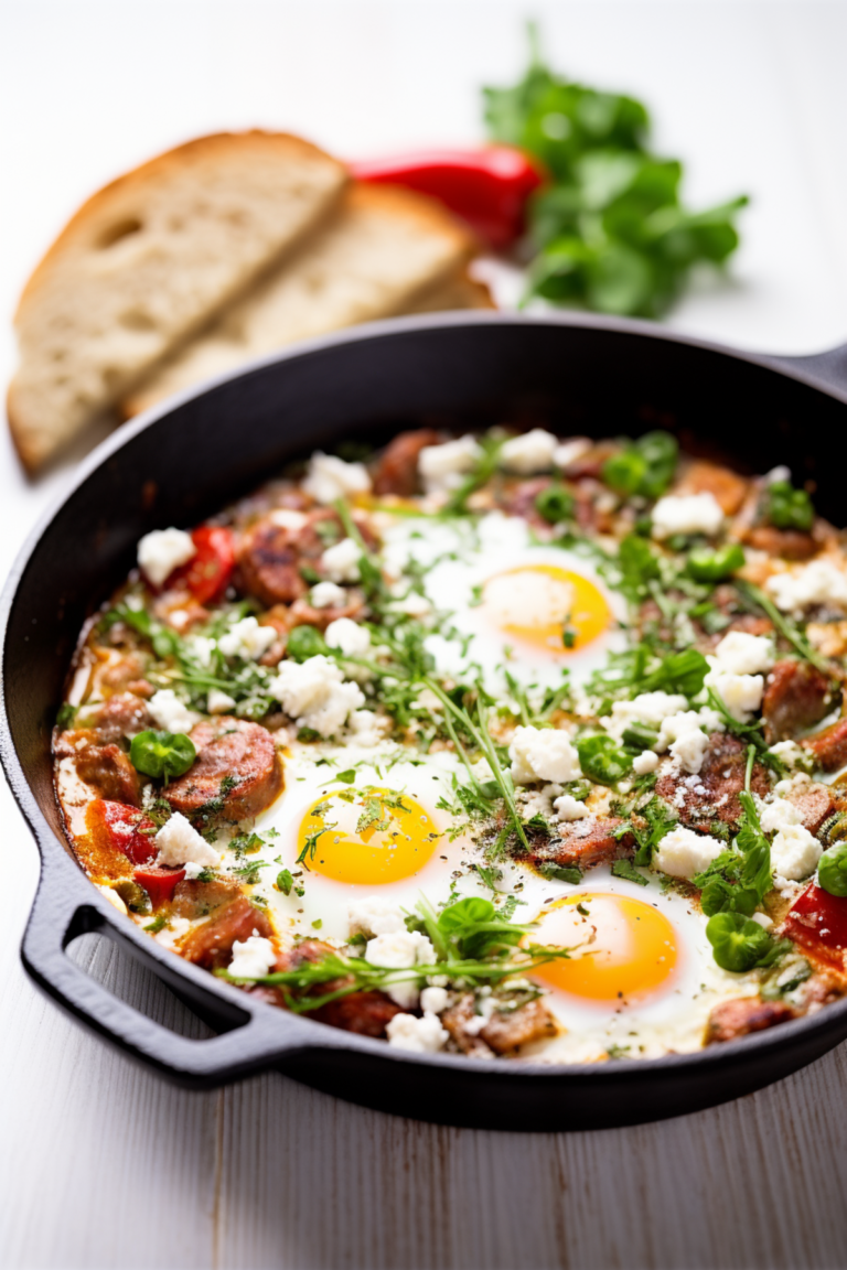 Turkish Menemen with Sucuk and Feta - Cooking Mediterranean