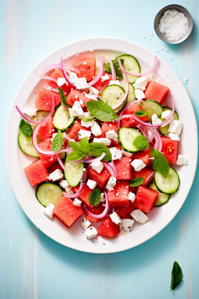 Watermelon, Feta, and Cucumber Salad with Mint - Cooking Mediterranean