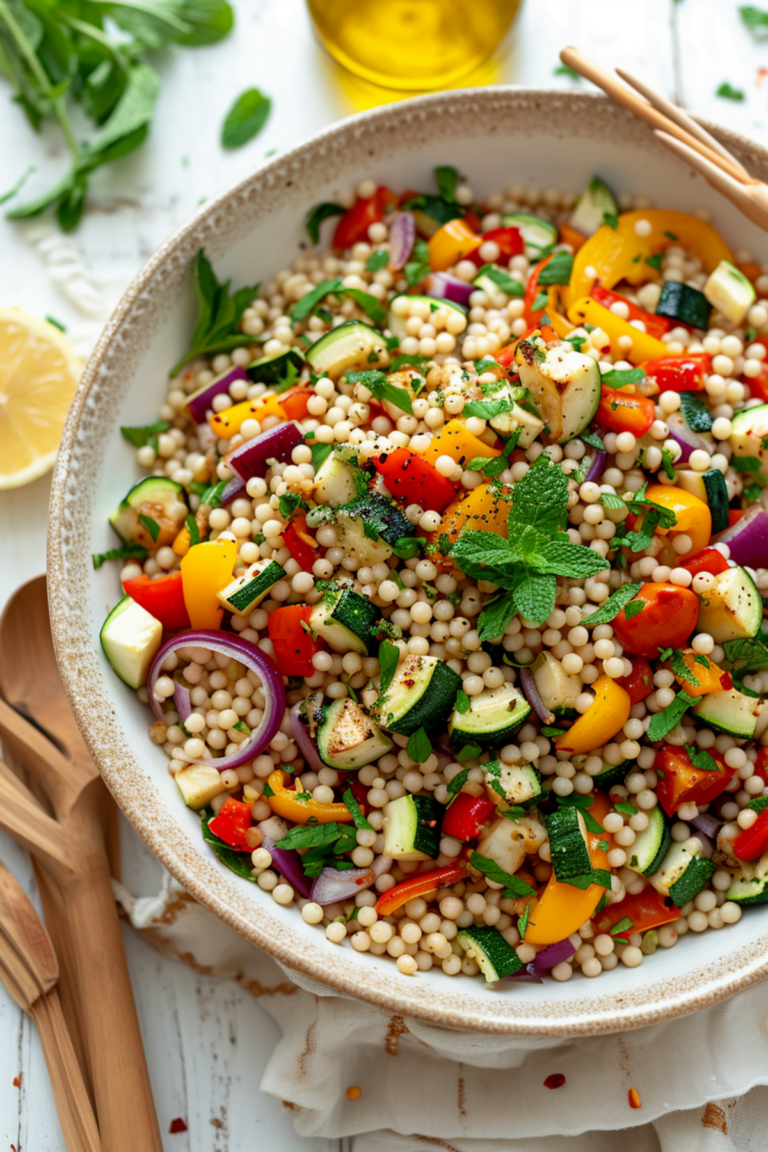 Israeli Couscous Salad With Roasted Vegetables And Lemon Dressing Cooking Mediterranean 9391