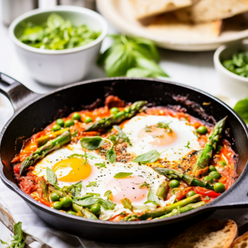 Shakshuka with Asparagus, Peas, and Mint Pesto_001