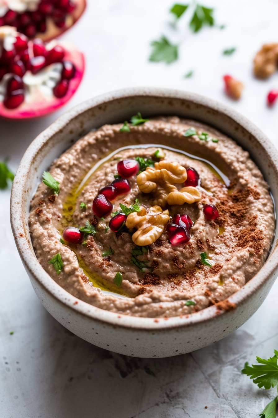 Smoked Aubergine Dip with Pomegranate and Walnuts - Cooking Mediterranean