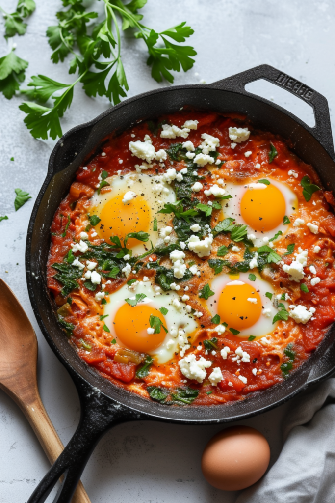 Israeli Shakshuka with Feta and Spinach - Cooking Mediterranean