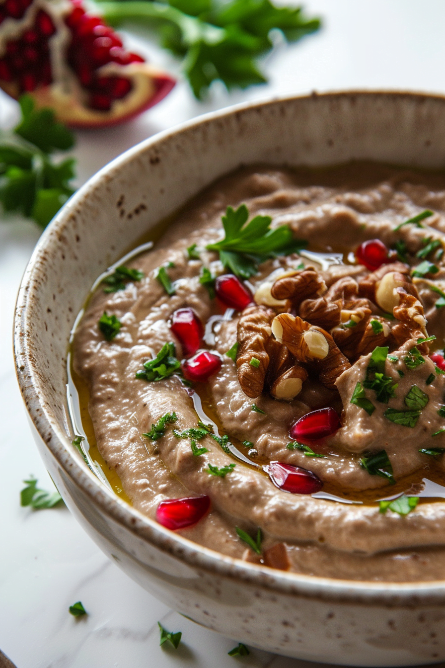 Smoked Aubergine Dip with Pomegranate and Walnuts - Cooking Mediterranean